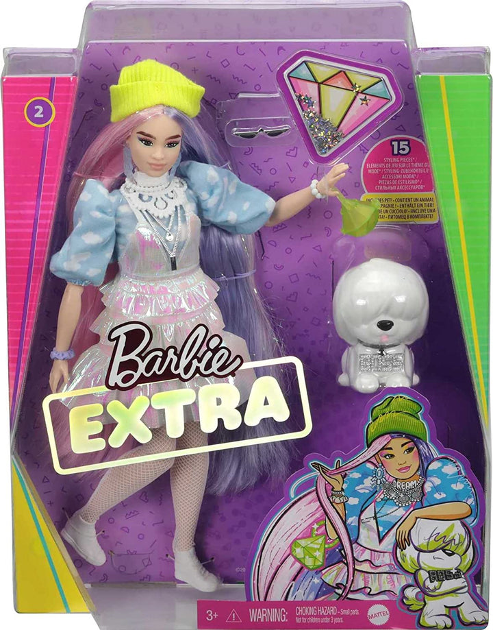 Barbie Extra Doll in Shimmery Look with Pet Puppy