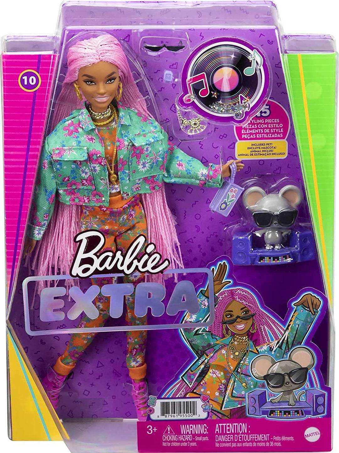 Barbie Extra Doll 10 in Floral-Print Jacket with Pink Braids