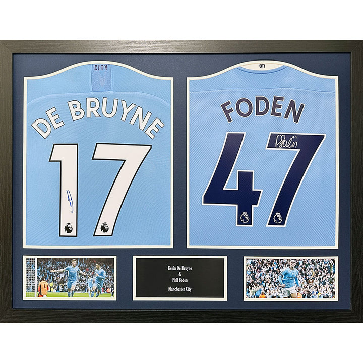 Manchester City FC Kevin De Bruyne and Phil Foden Signed Shirts (Dual Framed)