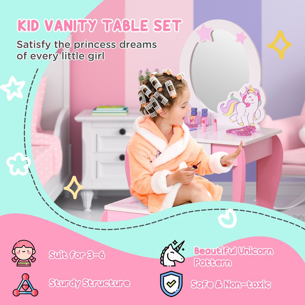 Unicorn Theme Dressing Table Vanity Set With Mirror and Stool